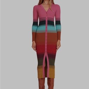 STAUD Ribbed Multicolor Stripe Button-Front Midi Dress - Pink, Turquoise, Rust